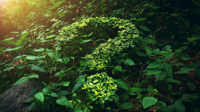 A large question mark made of leaves and plants blends into a lush forest floor.