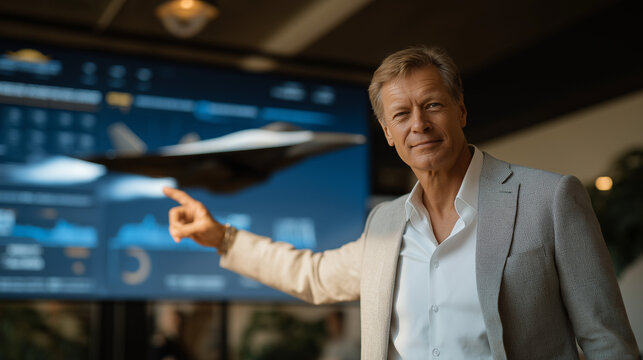 Scientist presenting hypersonic research with Mach 5 model