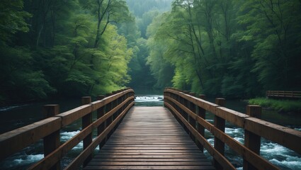 A wooden bridge over a river in a lush green forest during daytime.