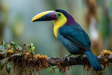 Obraz premium Vibrant crimson-rumped toucanet showcasing its colorful plumage while perched on a mossy branch in a lush rainforest, capturing the essence of tropical biodiversity