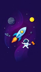 Astronaut, Rocket, Space Exploration Cosmic Adventure in Vibrant Purple Nebula, Planets, and Stars