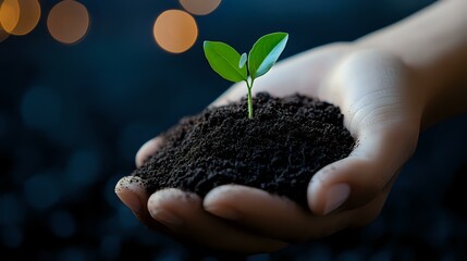 Young green sprout growing in fertile soil held in cupped hands against dark background with bokeh lights, symbolizing growth, nurture and environmental care.