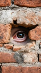 Brown Eye Peeking Through Hole in Weathered Brick Wall