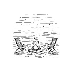Hand-drawn campfire scene with chairs under starry sky for outdoor gatherings illustration