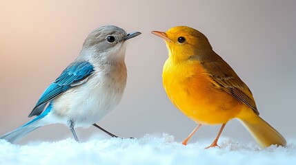 Two small colorful songbirds standing on snow, yellow saffron finch and blue-gray tanager facing each other against soft blurred background, wildlife nature photography.