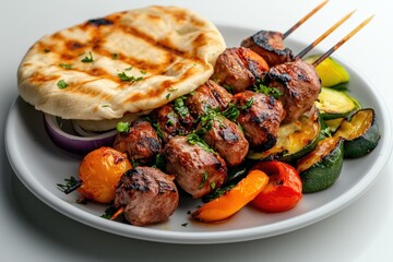 Delicious grilled kebabs with flatbread and vegetables outdoor food festival culinary delight bright colors