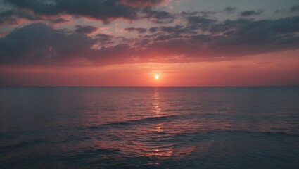 Obraz premium Sunset over the ocean with colorful clouds and calm water. Nature and scenic view. The concept of sunset and tranquility.