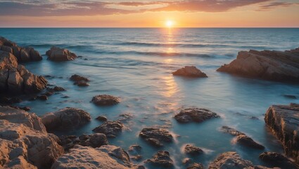 Fototapeta premium Sunset over the ocean with rocks in the foreground and calm waves, creating a peaceful and scenic coastal view.
