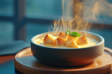 Cooking delicious creamy soup cozy kitchen food image warm colors close-up culinary art