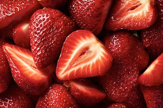 Fresh, juicy strawberries, some halved and some whole, are tightly packed together, filling the frame and creating a vibrant backdrop of luscious red hues
