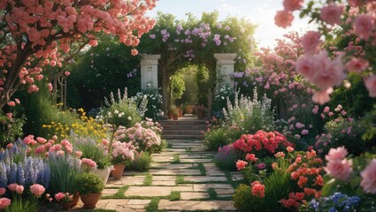 Naklejka premium A beautiful garden pathway surrounded by colorful blooming flowers and trees, leading to an archway with a sunny background.