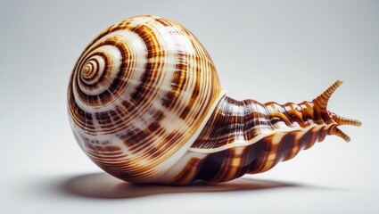 Obraz premium A seashell with a spiral pattern and elongated, ridged extension, featuring brown, white, and cream colors.