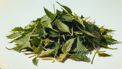 A pile of green leaves with jagged edges and pointed tips placed on a plain white surface.