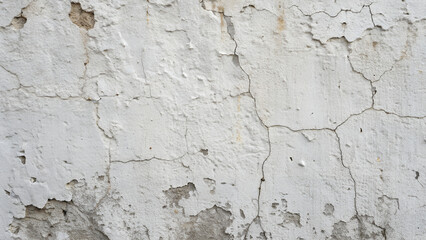 Obraz premium Cracked and peeling white plaster wall with a rough, grunge texture