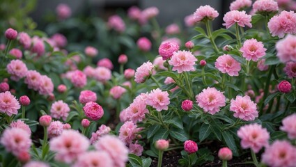Obraz premium Pink flowers in a garden setting.