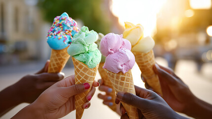Friends hold up colorful ice cream cones in celebration, creating a joyful and vibrant group toast outdoors.
