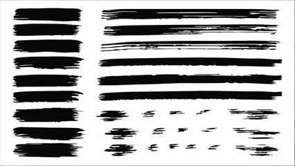 Collection of black brush strokes and lines of varying thicknesses and lengths on a white background
