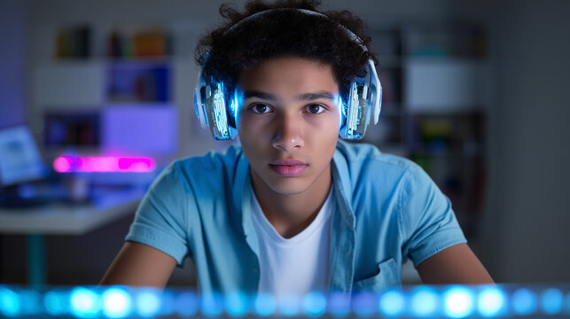 Teenage gamer boy with headphones smiling in neon-lit gaming setup.
