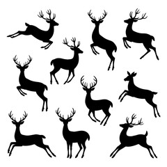 Silhouette illustration showing a collection of deer in various poses on a white background