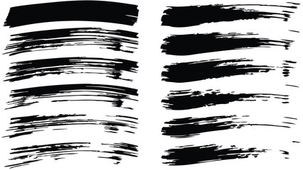 Eleven horizontal black brush strokes with varying textures isolated on a white background design element