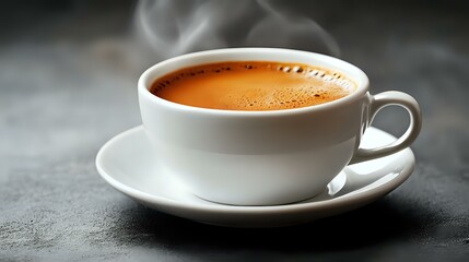 Hot aromatic coffee with golden crema and rising steam in white porcelain cup and saucer on dark textured background, dramatic side lighting.