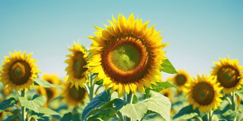 Fototapeta premium Sunflower field under clear sky with vibrant yellow flowers and green leaves. Nature and agriculture, concept. Flora and botany. The beauty of flowering plants.