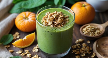 Fresh green smoothie with oats, oranges, and greens, served in a glass, emphasizing healthy living and nutrition.