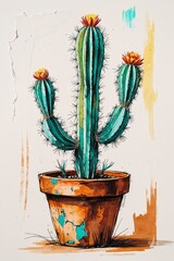 Watercolor Cactus with Orange Flowers in Clay Pot with Splattered Paint Background