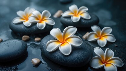 Smooth dark stones with white and yellow plumeria flowers arranged on wet surface, creating a tranquil spa or zen garden scene.