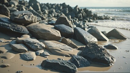 Fototapeta premium Rocks scattered on sandy beach near shoreline with waves and rocks in the background.