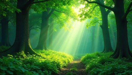 Sunbeams illuminate a lush green forest, dappling the leaves and creating a magical, ethereal glow Perfect for nature, serenity, and fantasy themes , pattern, spring