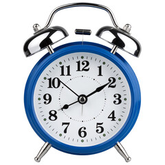“Vintage Twin Bell Alarm Clock in Classic Blue, Front View PNG”.