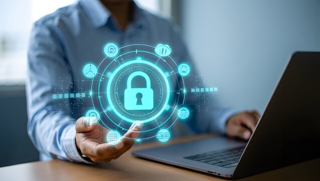 Global business professionals connect digitally, hands touching screens to manage networks and communicate security