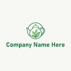 Teapot logo with leaves in green line art design style