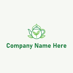 Teapot logo with leaves in green line art design style