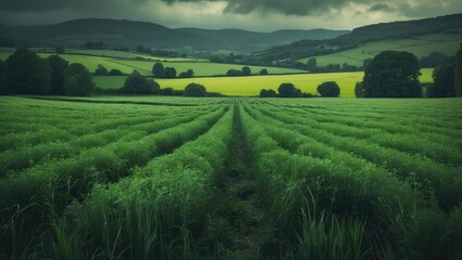 Obraz premium Vast green fields with rows of crops under cloudy sky, rolling hills in the background, showcasing agricultural landscape and rural scenery.