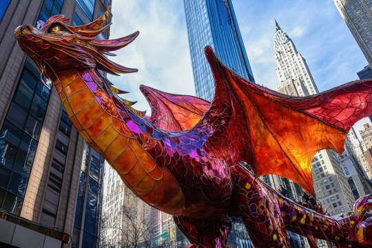 Vibrant dragon balloon floats above the streets during Thanksgiving parade celebration in New York City, Macy's parade day in New York Thanksgiving celebration