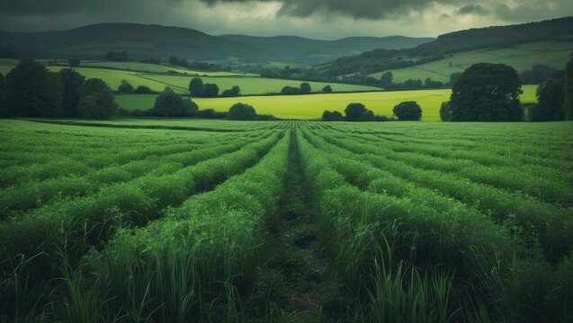 Vast green fields with rows of crops under cloudy sky, rolling hills in the background, showcasing agricultural landscape and rural scenery. - Powered by Adobe