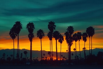 Silhouettes of palm trees against a vibrant sunset in a tranquil outdoor setting, Amazing silhouettes of Palm trees at sunset travel photography