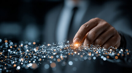 Investment: Businessman Touching Digital Global Network of Investment Data Exchange. Connectivity, Data Analysis on Social Network Connection with Hologram Modern Interface, Strategic Decision Making.