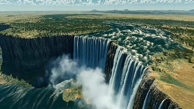 Giant waterfall plunging into vast savannah canyon

