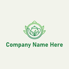 Teapot logo with leaves in green line art design style