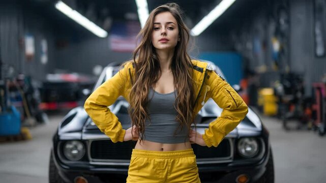 Young woman in yellow tracksuit with grey tank top standing in front of black classic car in garage with lighting