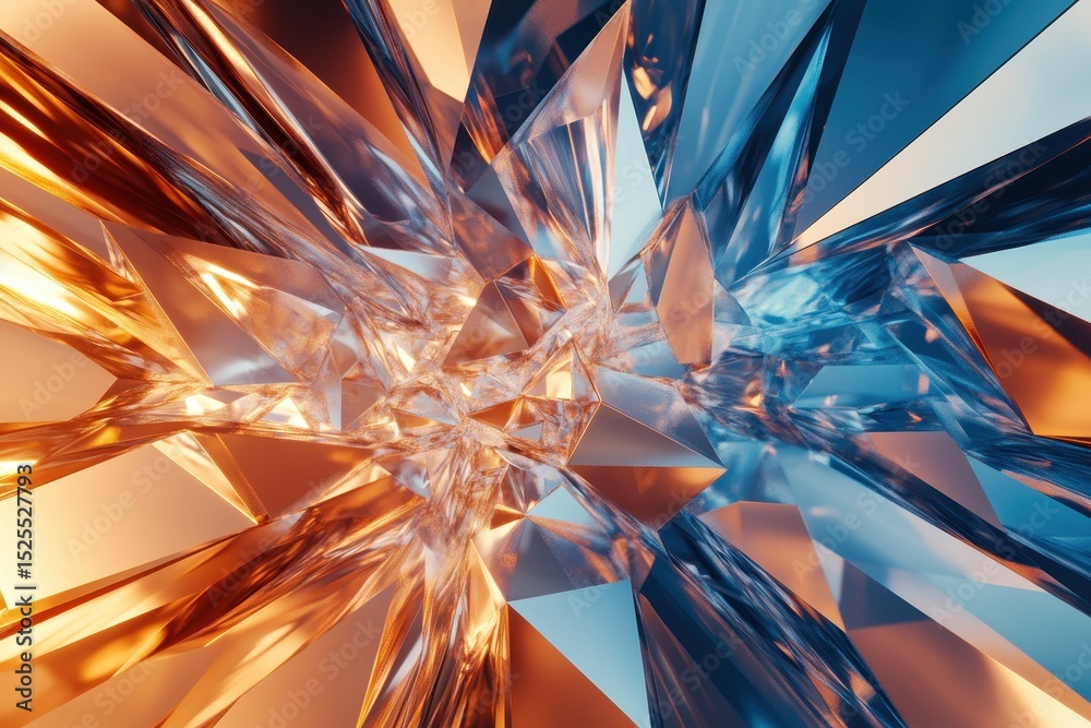 Poster Geometric low poly abstract tech design in blue and bronze hues with sharp angles and crystal-like formations, Blue and bronze geometric low poly abstract tech motion background
