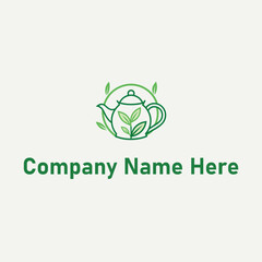 Teapot logo with leaves in green line art design style