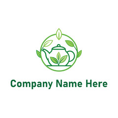 Teapot logo with leaves in green line art design style