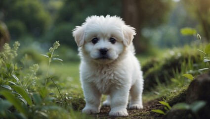 Cute puppy in a natural outdoor environment with greenery and blurred background. Adorable animal and nature scene. The image of a young dog in a lush setting.