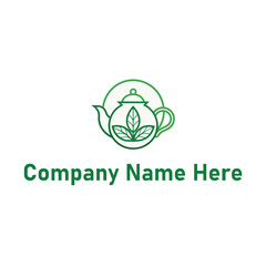 Teapot logo with leaves in green line art design style