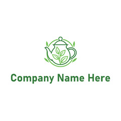 Teapot logo with leaves in green line art design style