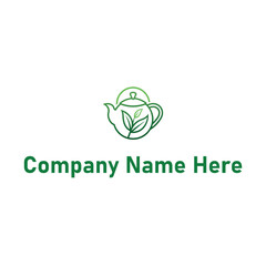 Teapot logo with leaves in green line art design style